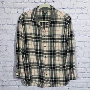 Roots Womens Plaid Button Down Flannel Shirt Cream Black Size M Western Outdoor